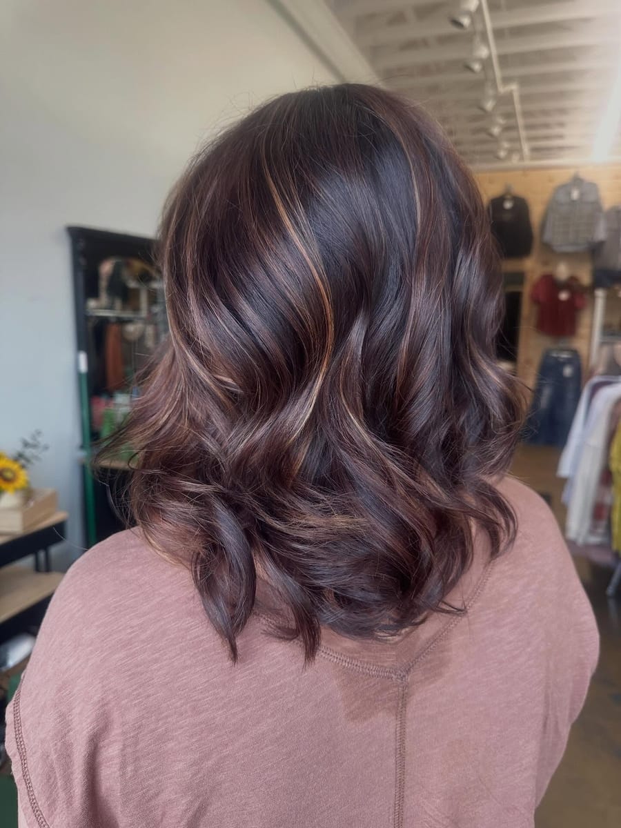 A fresh balayage result from the Dark Horse salon — warm dimensional waves with caramel highlights